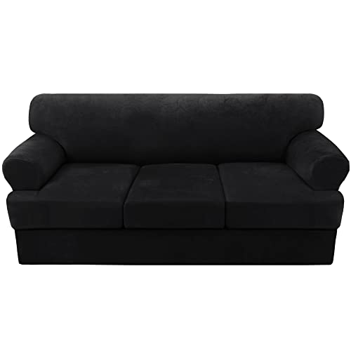 PrimeBeau Sofa Cover 4 Pieces T Cushion Sofa Slipcovers Thick Velvet Couch Cover Furniture Protector Stretch T Cushion Sofa Covers for 3 Cushion Couch with 3 Individual T Cushion Covers