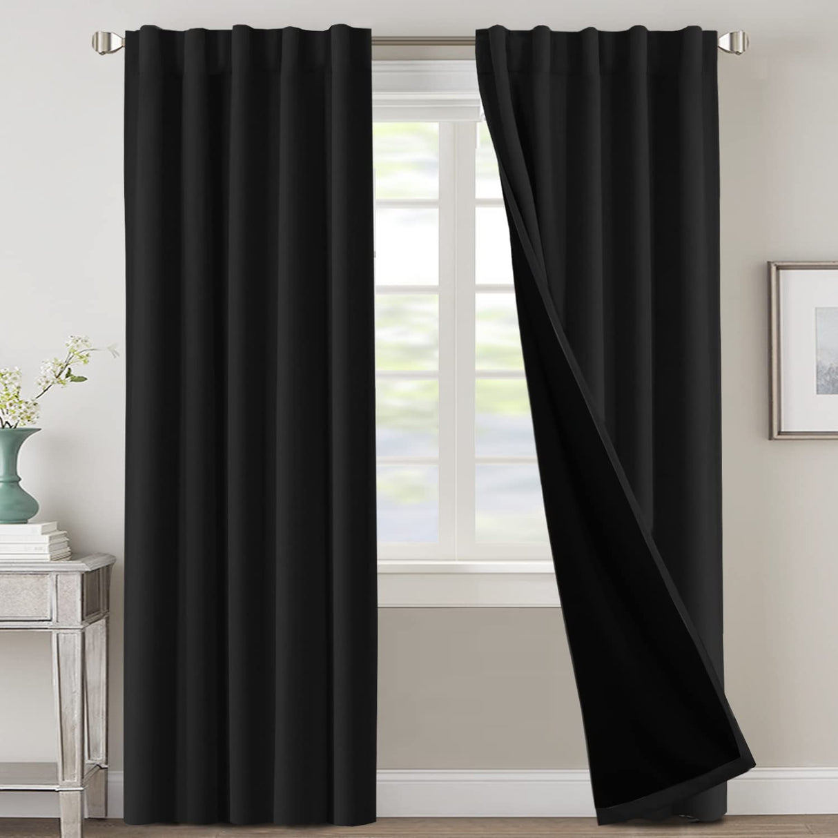 PrimeBeau 100% Blackout Curtains with Black Liner Back Tab/Rod Pocket,2 Panels (42 Series)