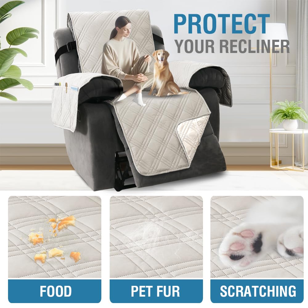 PrimeBeau 100% Waterproof Reversible Recliner Covers with Elastic Straps