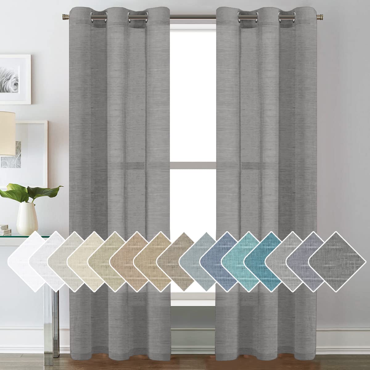 PrimeBeau Faux Linen Sheer Curtains Grommet Drapes 37 Series, Set of 2 Panels