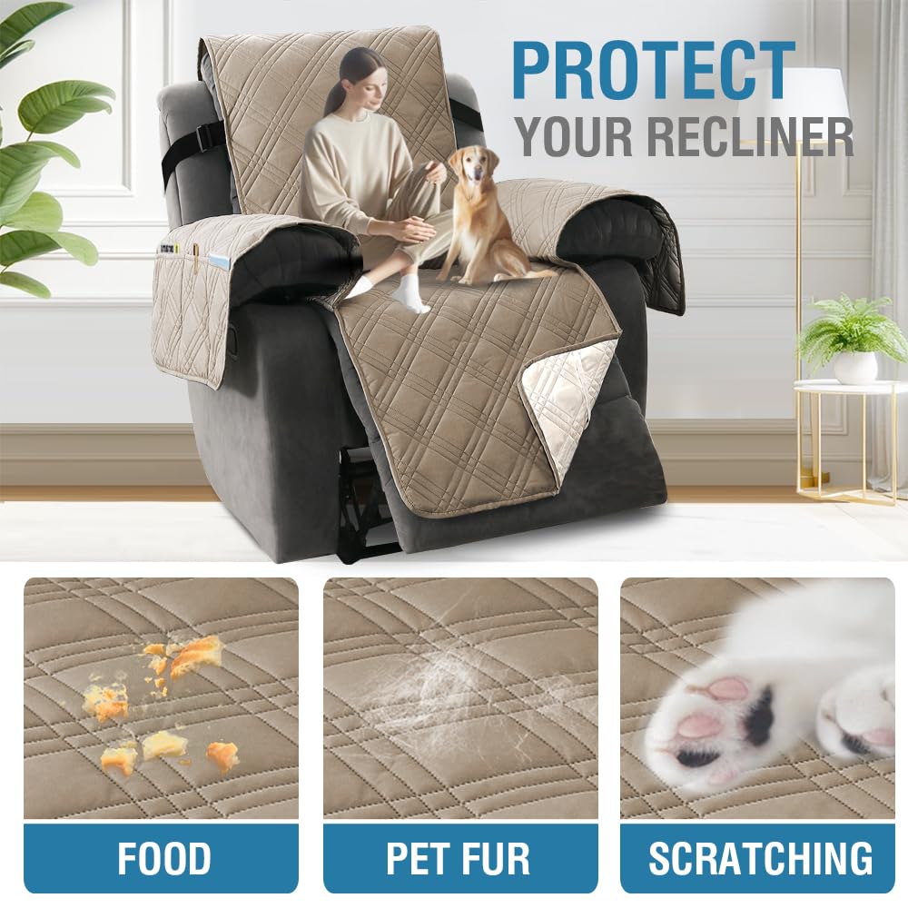 PrimeBeau 100% Waterproof Reversible Recliner Covers with Elastic Straps