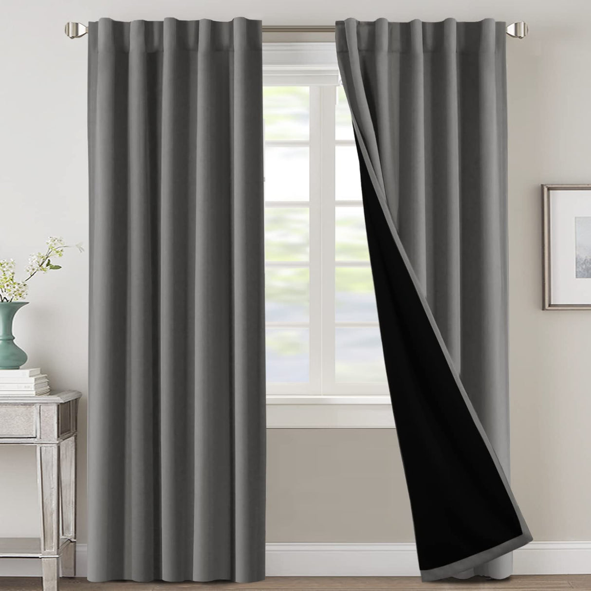 PrimeBeau 100% Blackout Curtains with Black Liner Back Tab/Rod Pocket,2 Panels (42 Series)