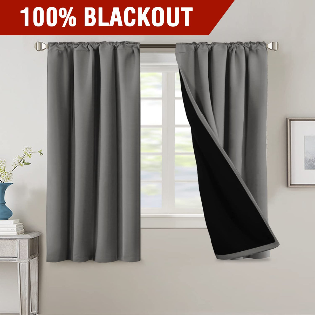 PrimeBeau 100% Blackout Curtains with Black Liner Back Tab/Rod Pocket,2 Panels (42 Series)