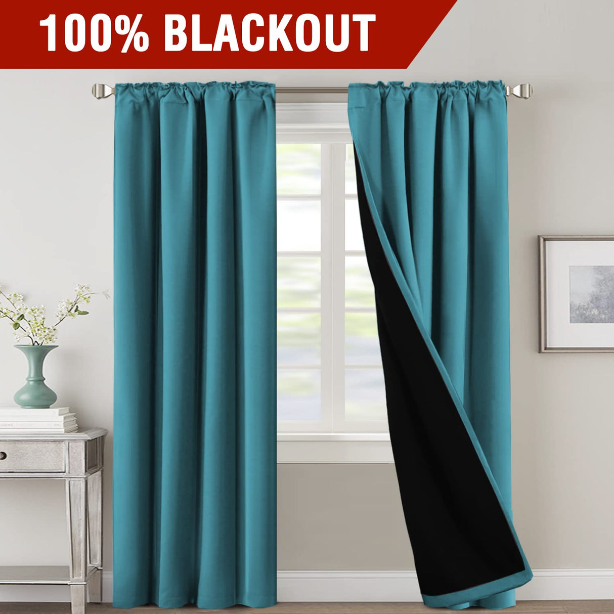 PrimeBeau 100% Blackout Curtains with Black Liner Back Tab/Rod Pocket,2 Panels (42 Series)