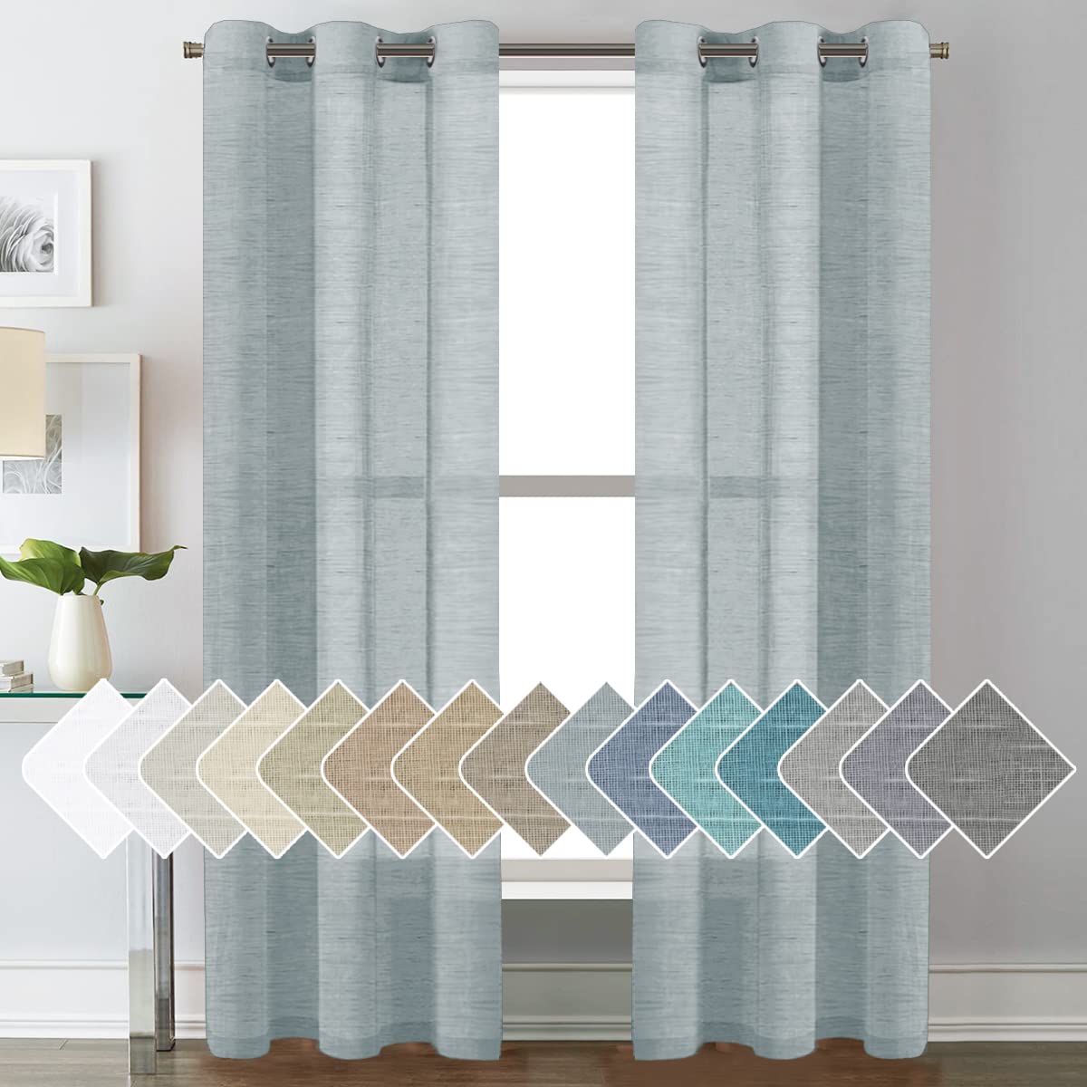 PrimeBeau Faux Linen Sheer Curtains Grommet Drapes 37 Series, Set of 2 Panels