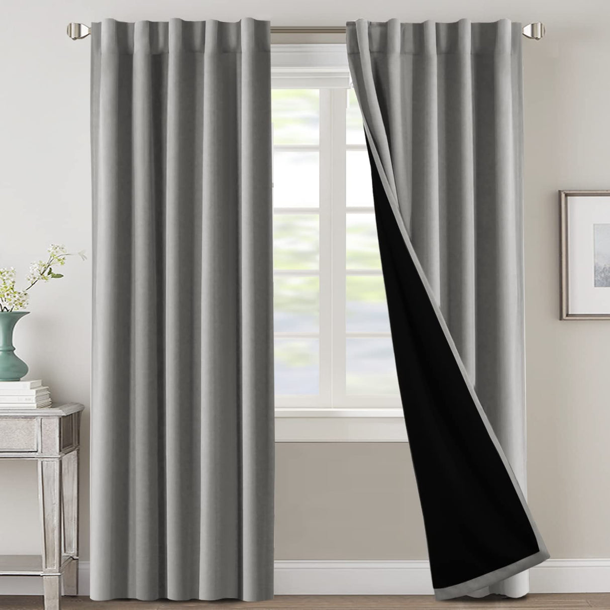 PrimeBeau 100% Blackout Curtains with Black Liner Back Tab/Rod Pocket,2 Panels (42 Series)