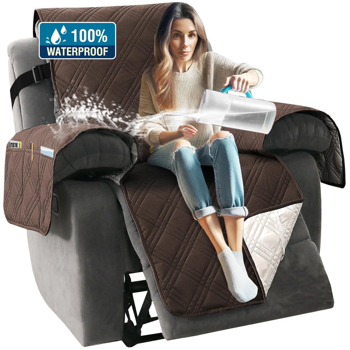 PrimeBeau 100% Waterproof Reversible Recliner Covers with Elastic Straps