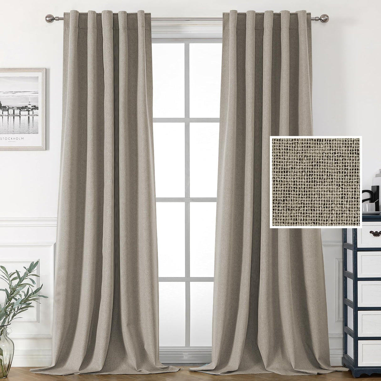 PrimeBeau 100% Blackout Faux Linen Look Curtains, Set of 2 Panels