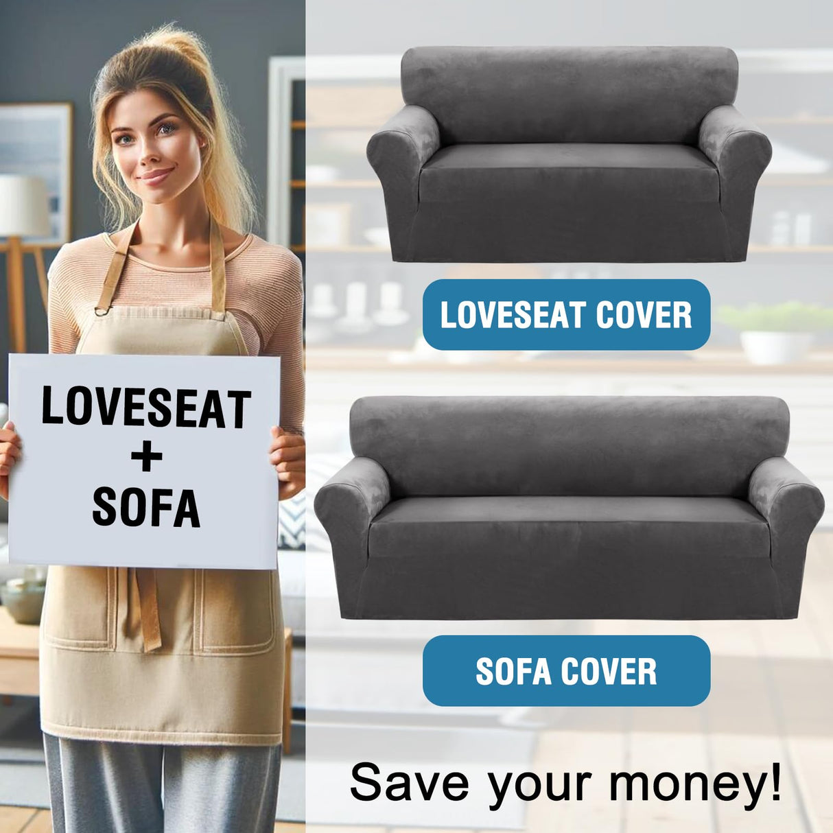 PrimeBeau Stretch Velvet Couch Cover 2 Pieces Set Include 1 Piece Sofa Cover Couch Cover and 1 Piece Loveseat Cover Slipcover Crafted from Thick Comfy Rich Velour (Sofa + Loveseat)