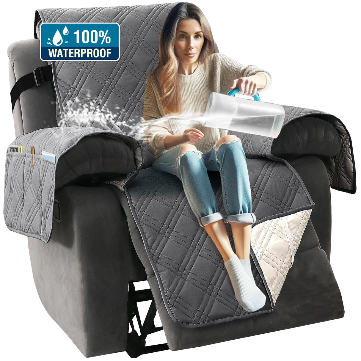 PrimeBeau 100% Waterproof Reversible Recliner Covers with Elastic Straps