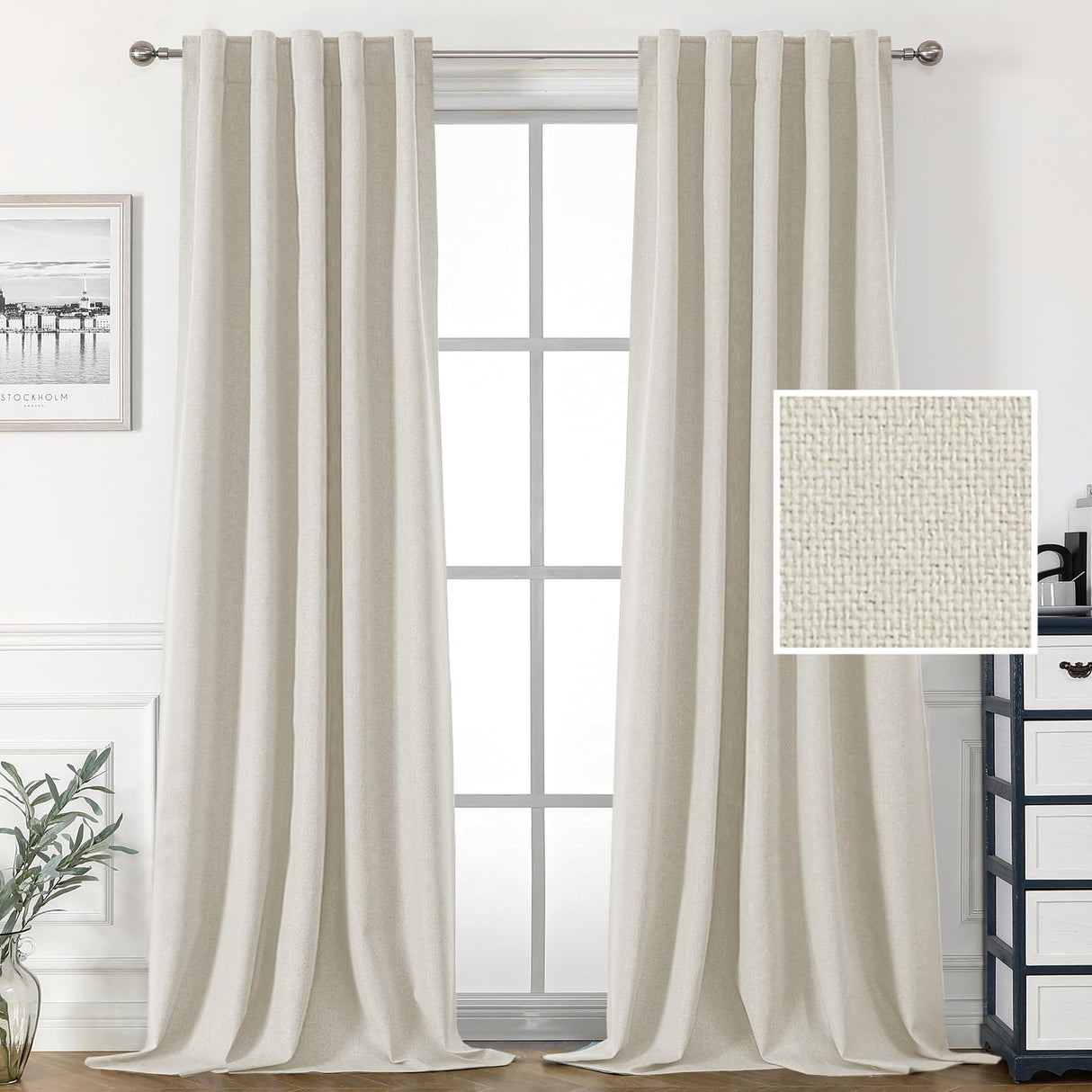 PrimeBeau 100% Blackout Faux Linen Look Curtains, Set of 2 Panels