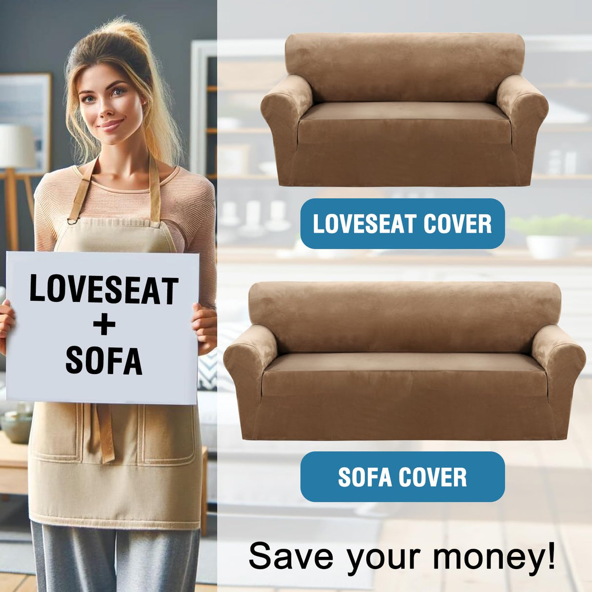 PrimeBeau Stretch Velvet Couch Cover 2 Pieces Set Include 1 Piece Sofa Cover Couch Cover and 1 Piece Loveseat Cover Slipcover Crafted from Thick Comfy Rich Velour (Sofa + Loveseat)