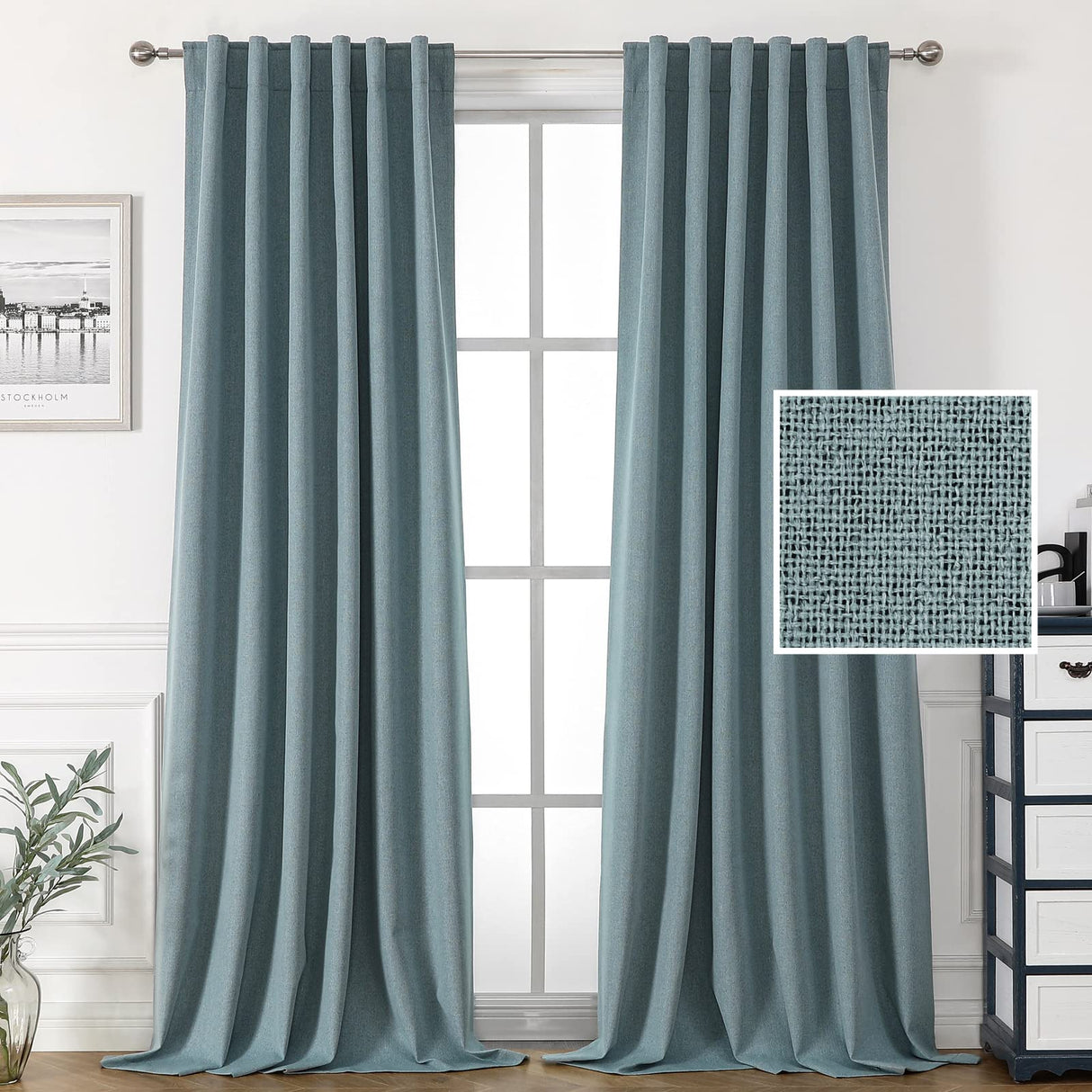 PrimeBeau 100% Blackout Faux Linen Look Curtains, Set of 2 Panels