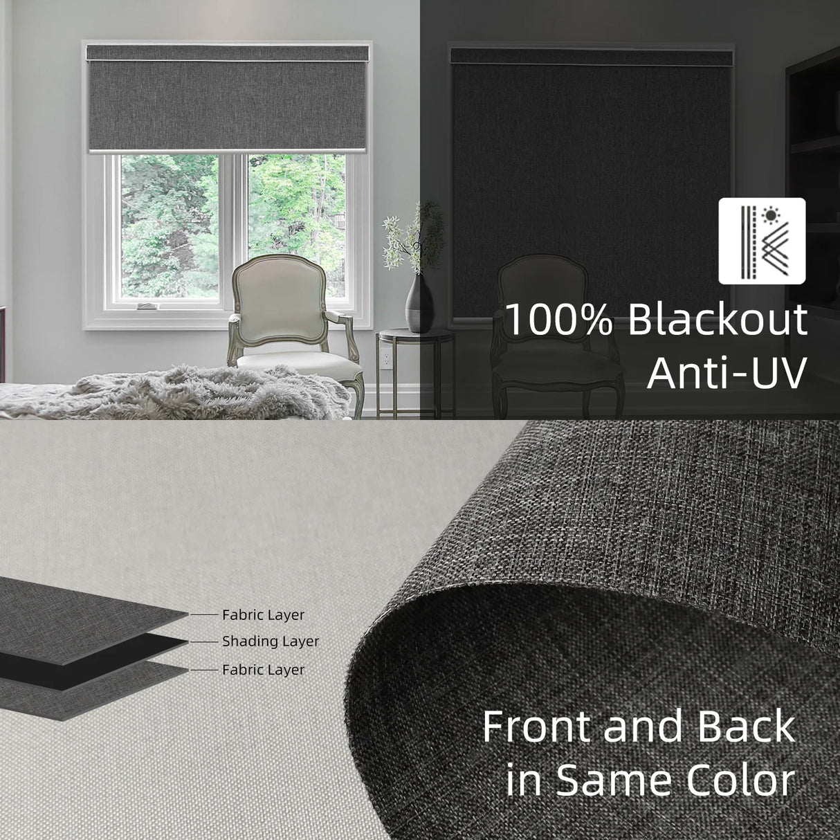 100% Blackout Motorized Roller Shades Dual-Sided Bouvardia