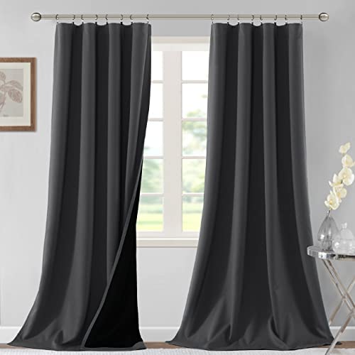 H.VERSAILTEX 100% Blackout Curtains for Bedroom Thermal Insulated Curtains & Drapes Blackout Curtains 96 Inches Long Rod Pocket Curtains for Living Room with Black Liner 2 Panels Set, Charcoal Gray