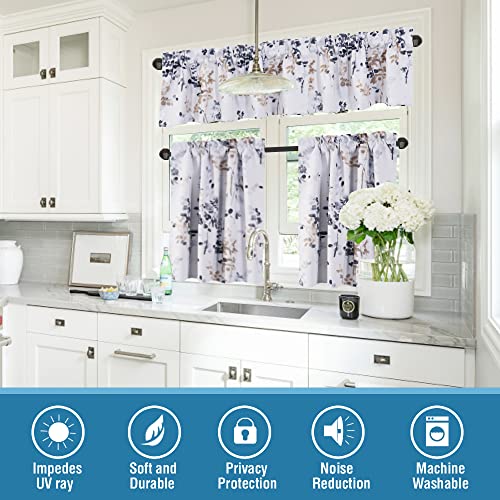 H.VERSAILTEX Blackout Kitchen Curtains Room Darkening Curtains Rod Pocket, Half Window Tier Curtains for Café, Laundry, Bedroom Bluestone and Taupe Classical Floral Printing (Each 32"x45", 2 Panels)