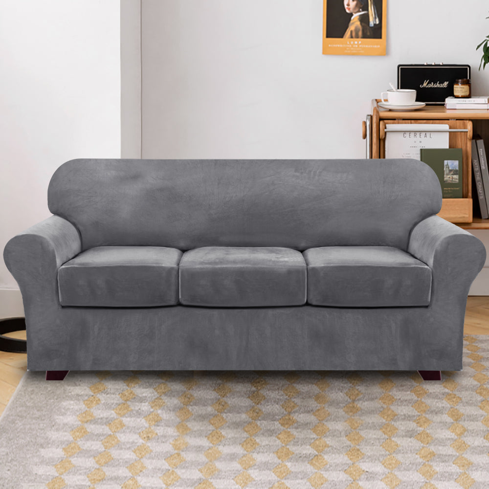 4-Piece Stretch Velvet 3-Seater Sofa Slipcover